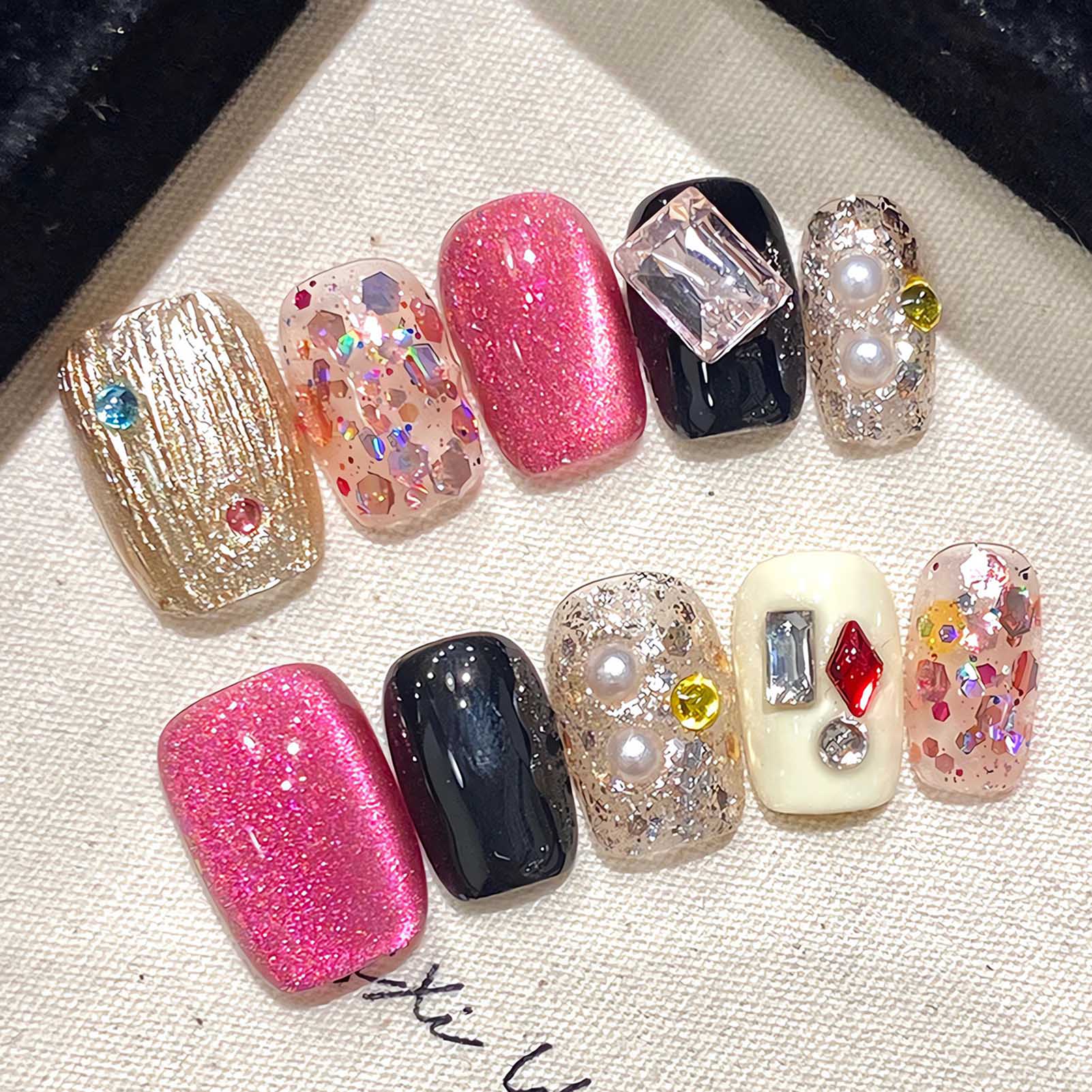 Nail Art Aesthetic - Handgemachte Presse auf Nägeln Glitzer rosa